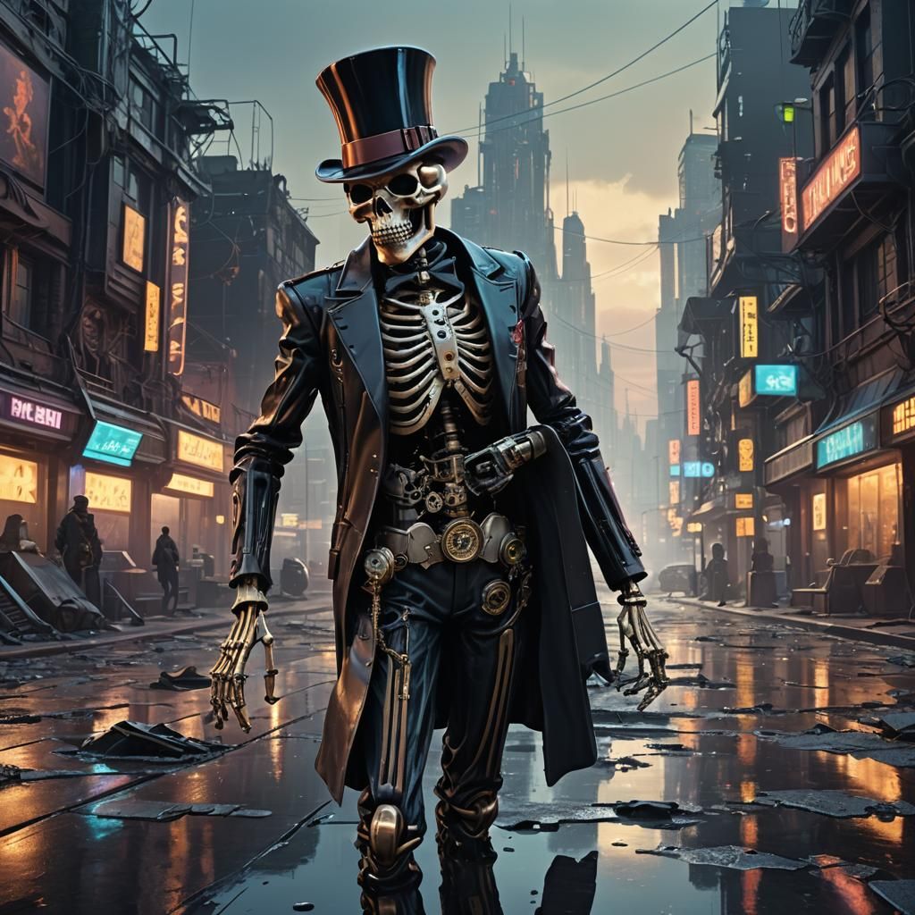 Futuristic Skeleton with Pocket Watch in Ruined City