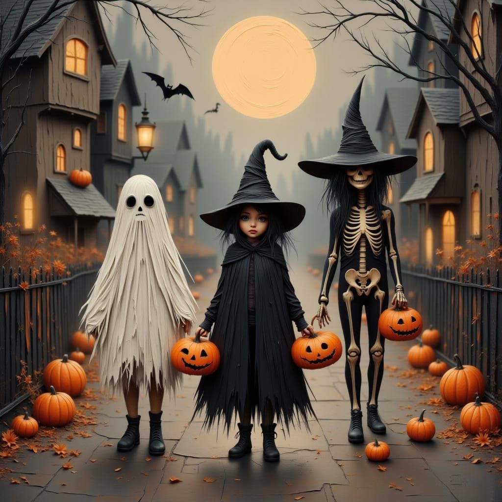 Children Trick-or-Treating in Autumn Decorations