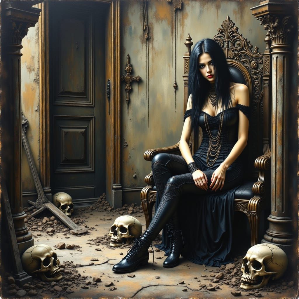 Goddess on Throne in Dark, Abstract Art Brut Style