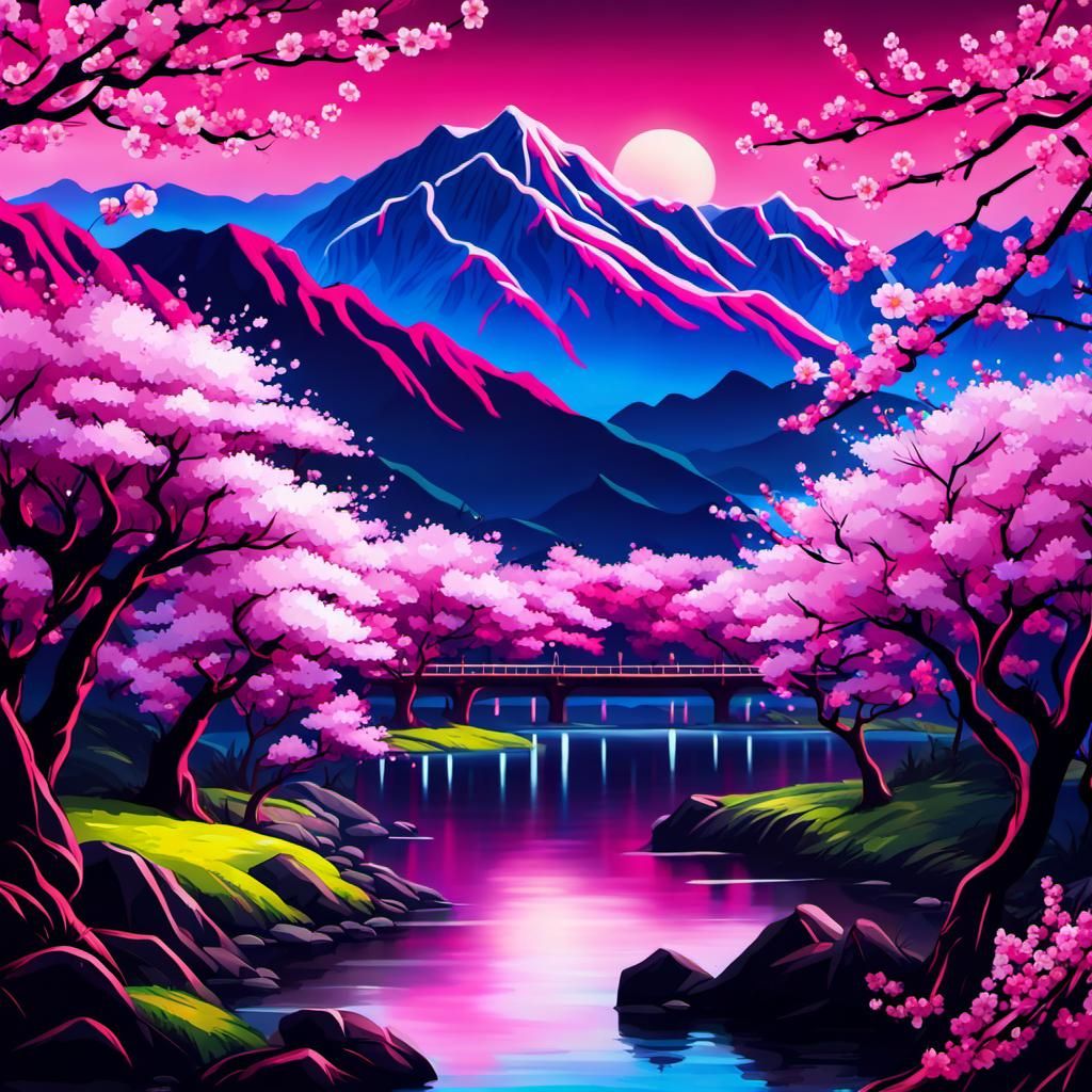 Vibrant Neon Cherry Blossoms Along Serene Riverbanks