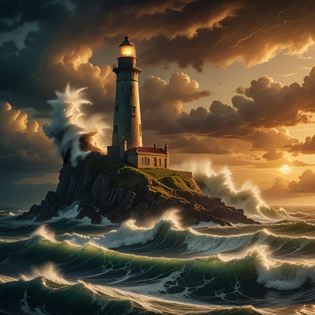 Lighthouse Enduring Stormy Seas: Oil Painting