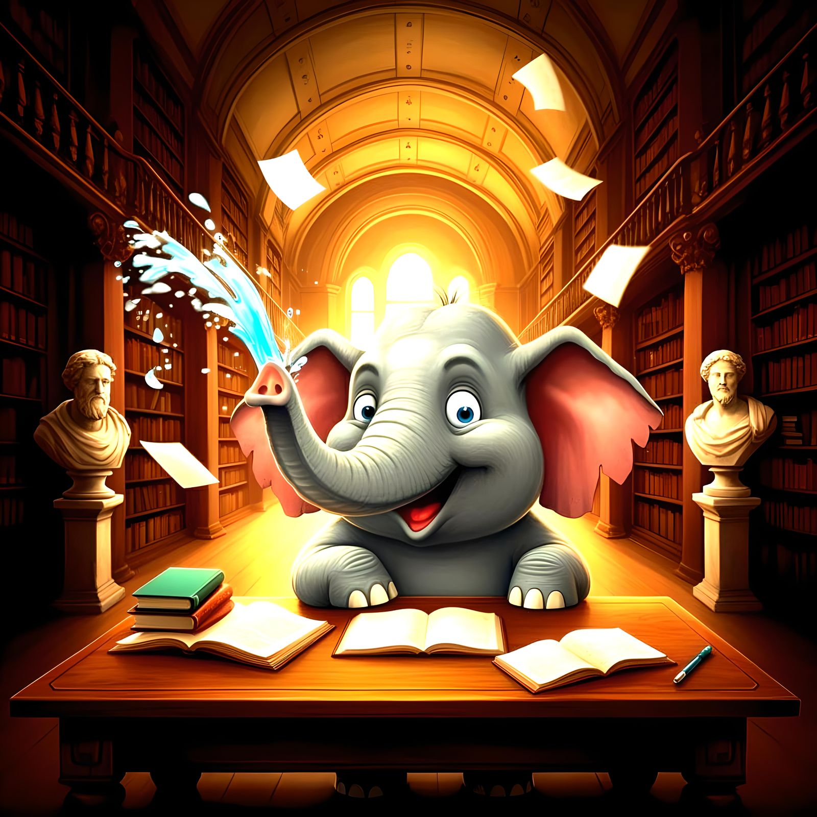 Big Eyed Elephant Shoots Water in Library