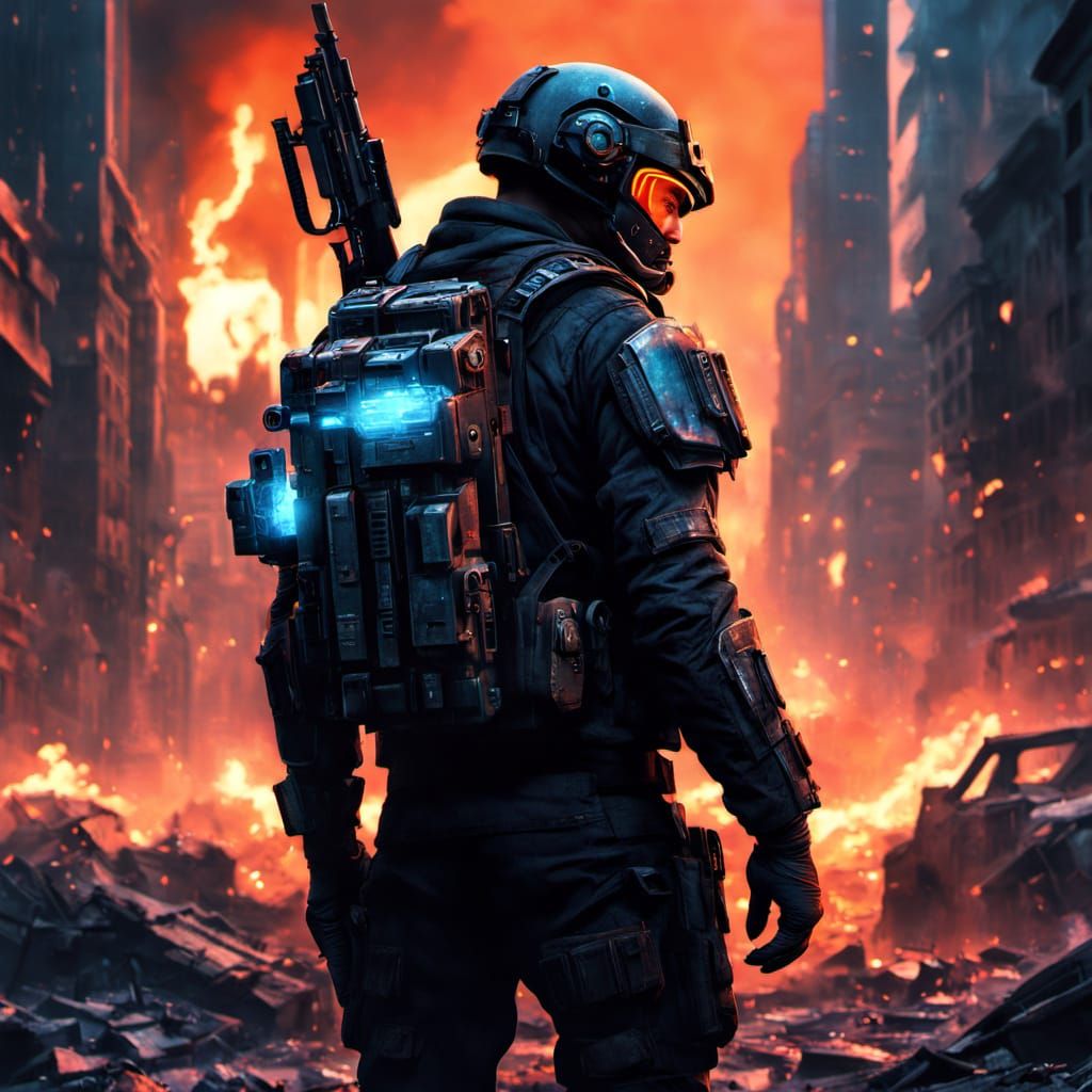 Lone Cyberpunk Warrior on War-Torn Battlefield