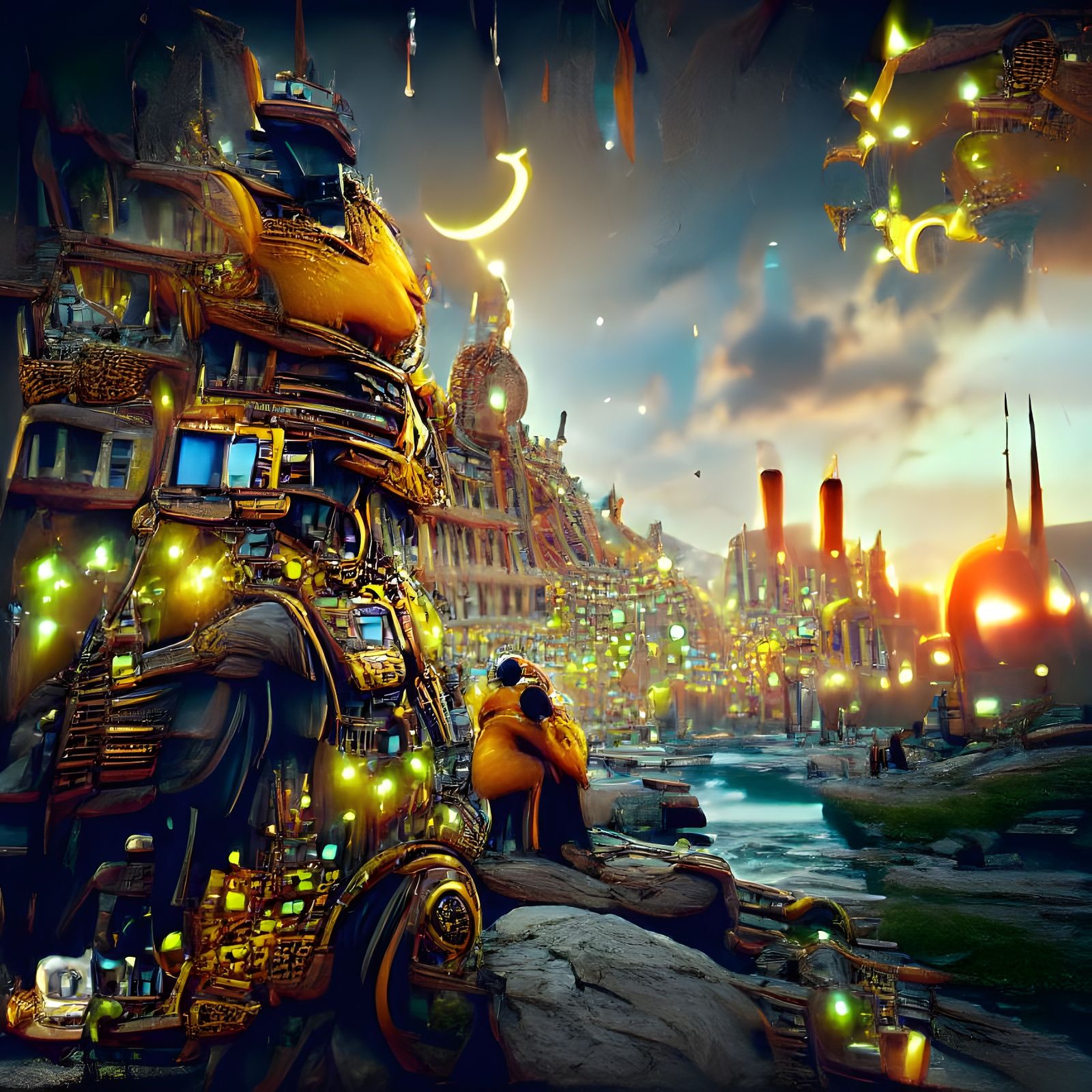 Yellow Cyberpunk Cityscape at Sunset, Expressive Rendering