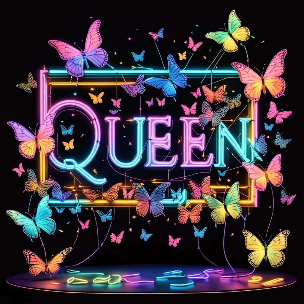 Dreamy Neon "Queen" Sign with Butterflies