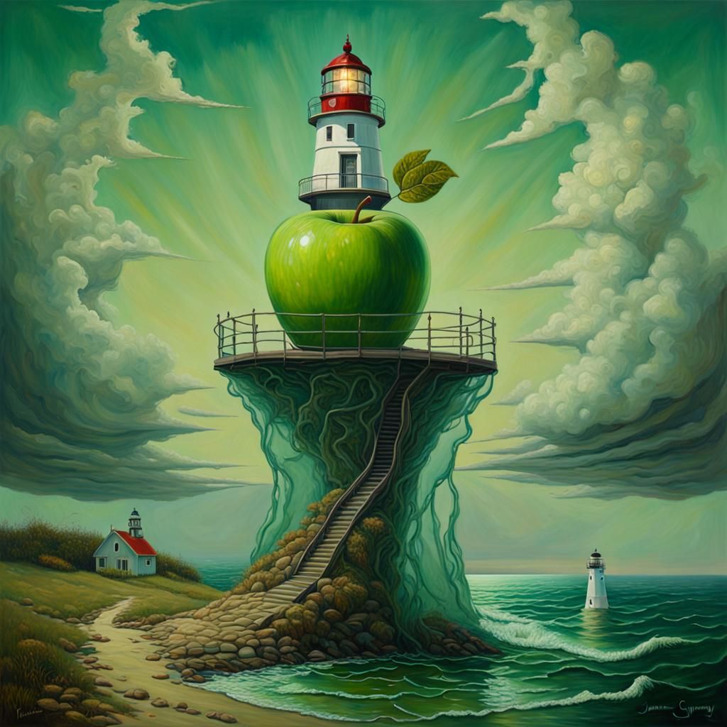 Surreal Green Glass Apple Lighthouse
