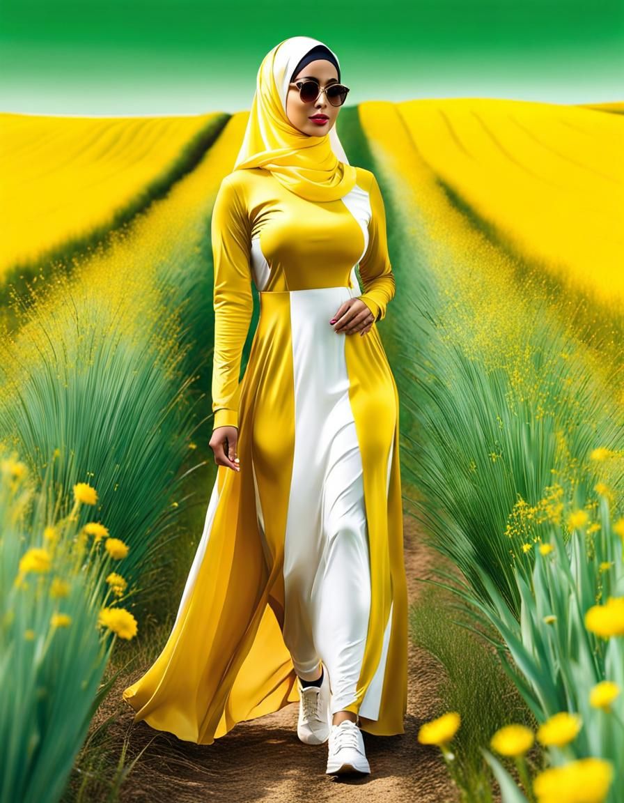 Pop Art Portrait: Athletic Woman in Hijab in Field