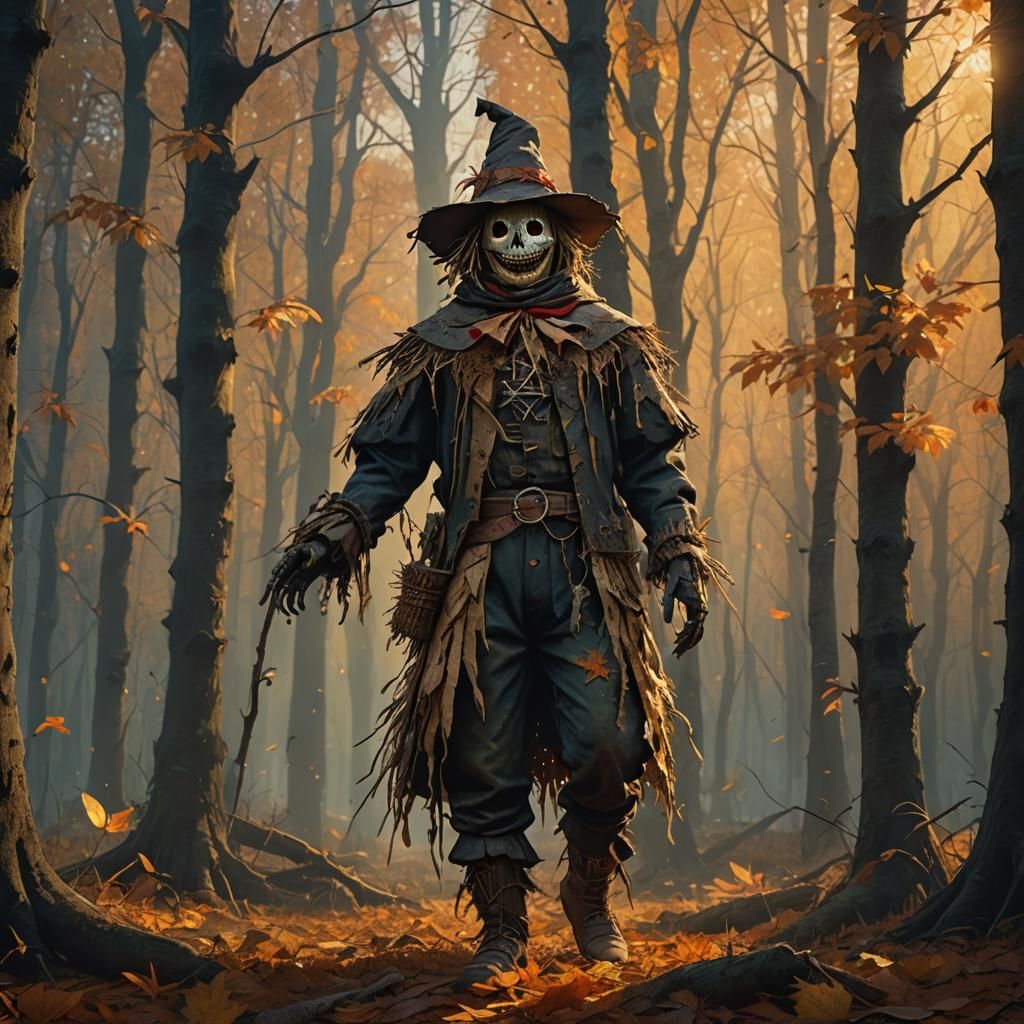 Mystical Scarecrow in Autumn Forest: Fantasy Art