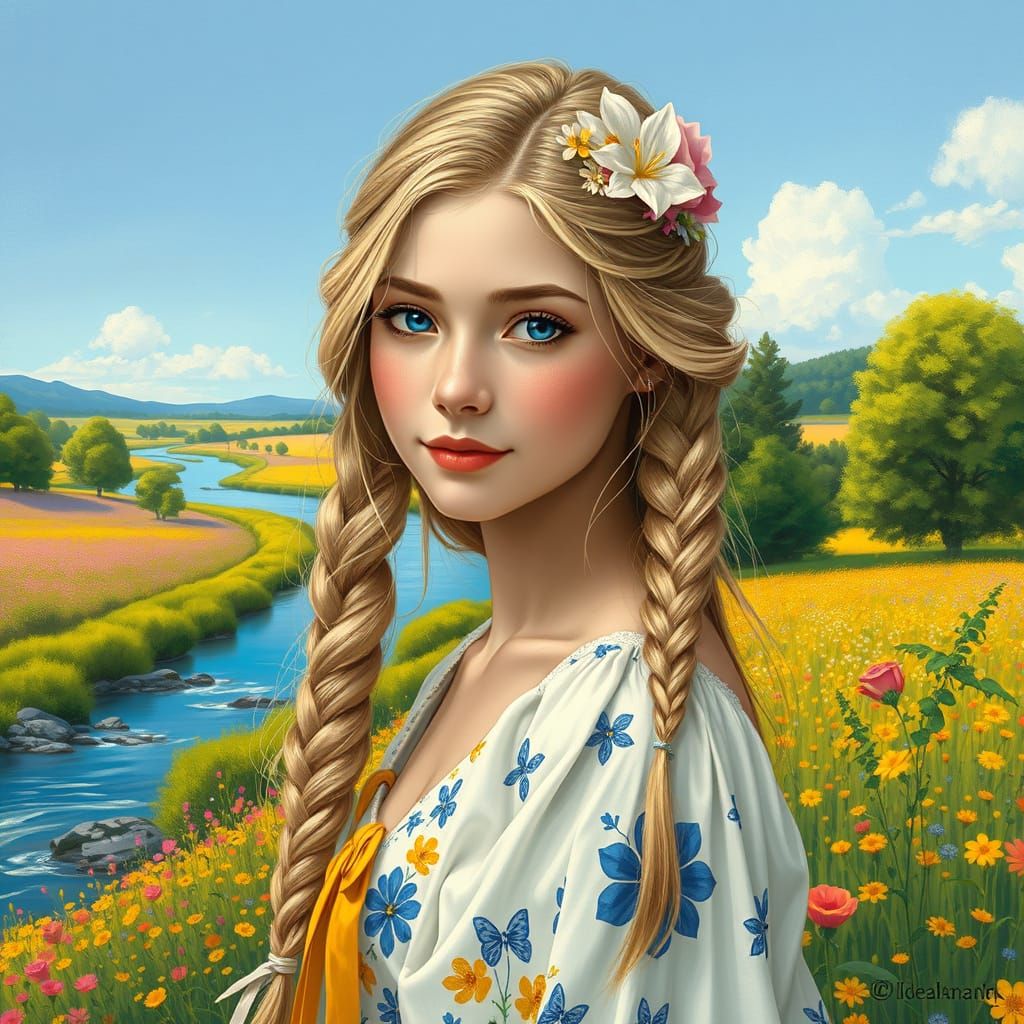 Floral Braided Woman in Summer Landscape Art Nouveau