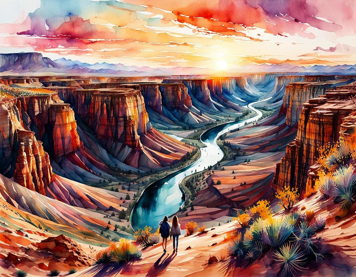 Desert Canyon Sunset Watercolor Illustration