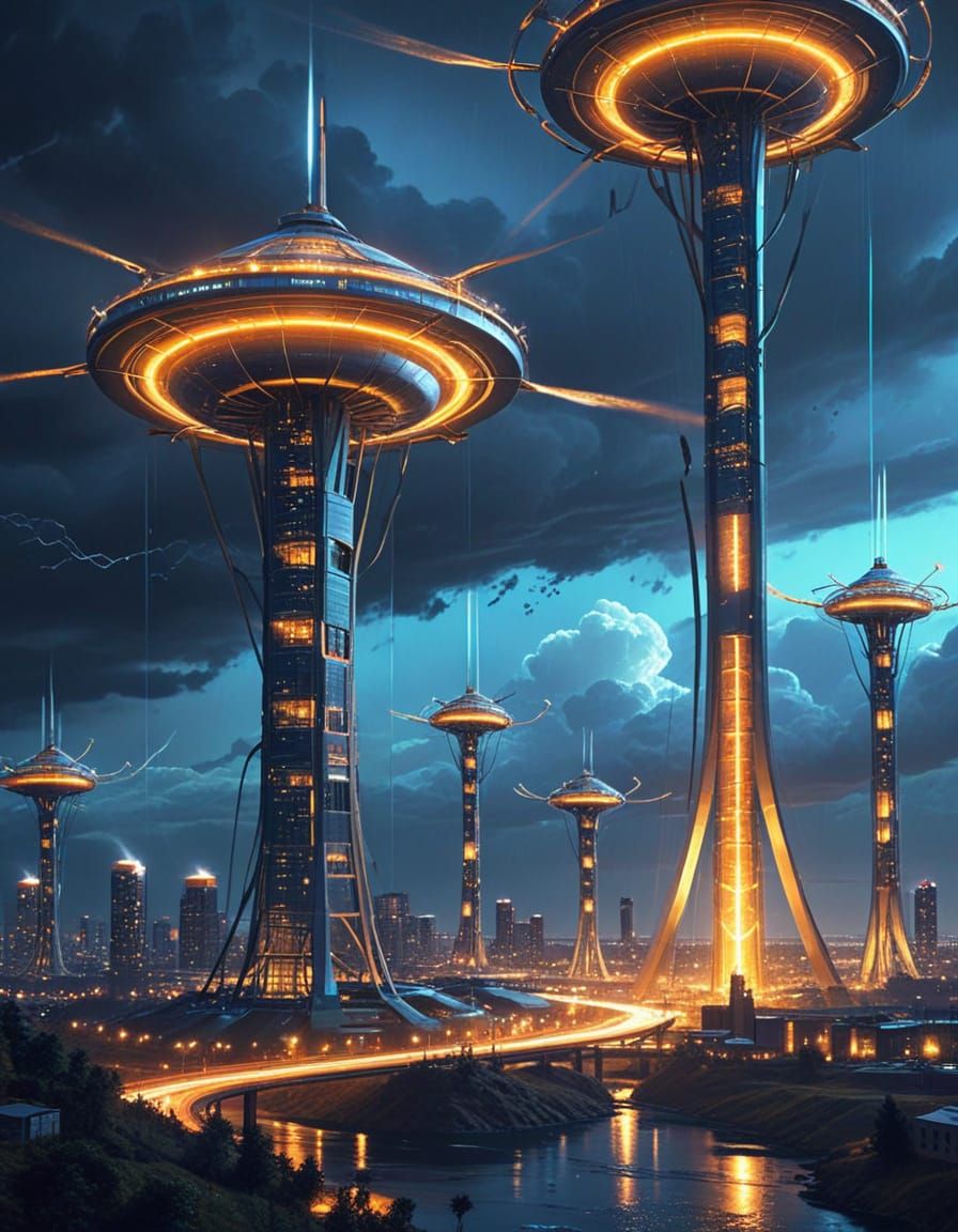 Retrofuturistic Calgary Tower with Microscopic Wind Turbines...