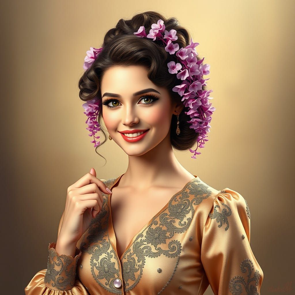 Elegant Lady in Whimsical Updo with Pink Wisteria