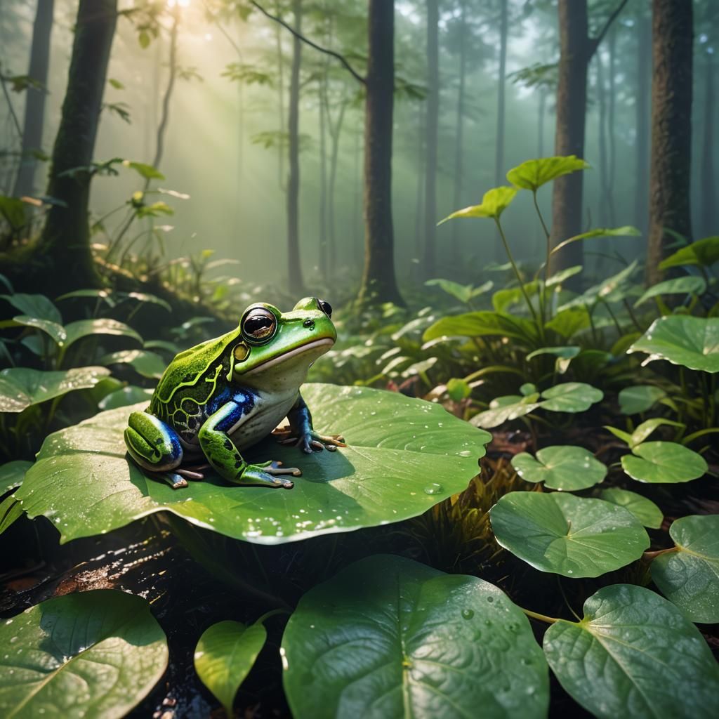 Impressionistic Frog in Foggy Forest: Digital Art