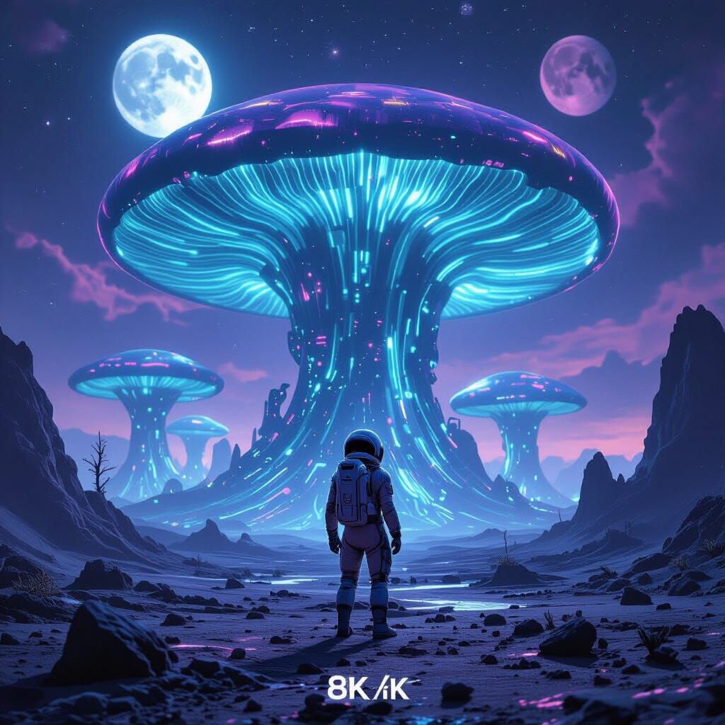 Astronaut on Alien Planet Gazing at Bioluminescent Mushroom ...