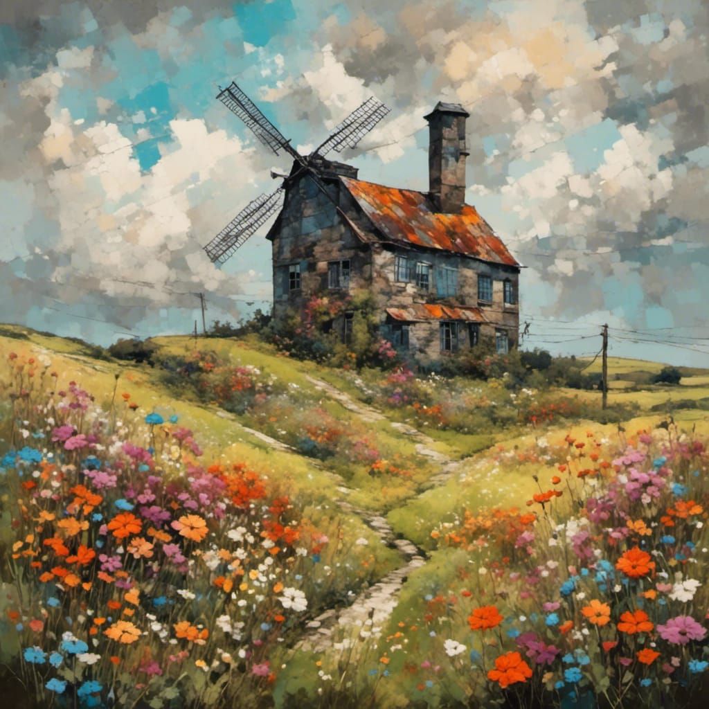 Farmhouse on Hill with Flowers in Ink Art Style
