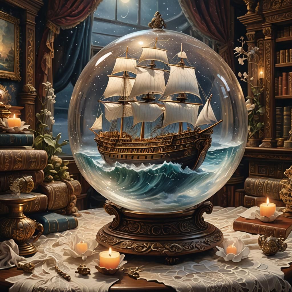 Ghost Ship in Glass Orb: Romantic Realism