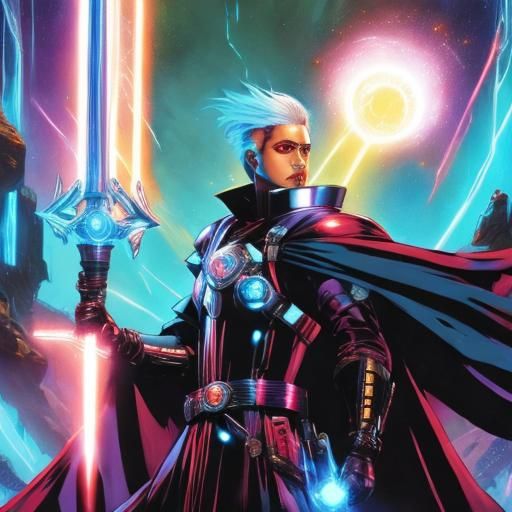 Futuristic Techno-Bard Casting Light Spell