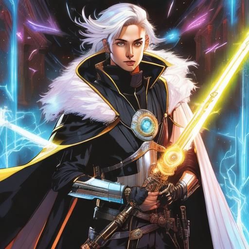 Futuristic Techno-Bard Wielding a Glowing Gunsword