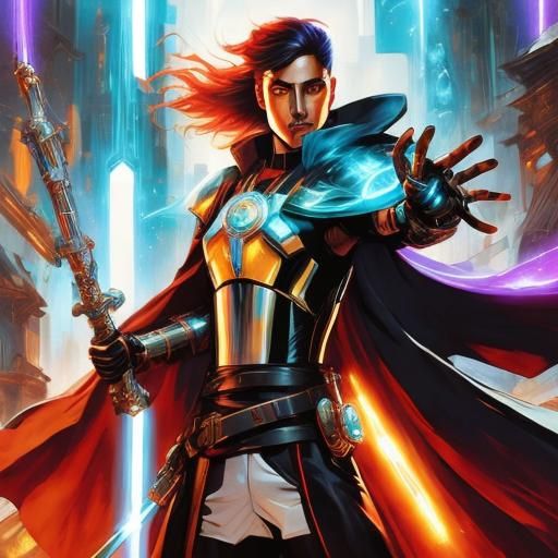 Futuristic Techno-Bard Wielding Glowing Gunsword