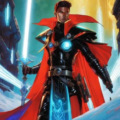 Futuristic Techno-Bard Casting Light Spell in Space Opera