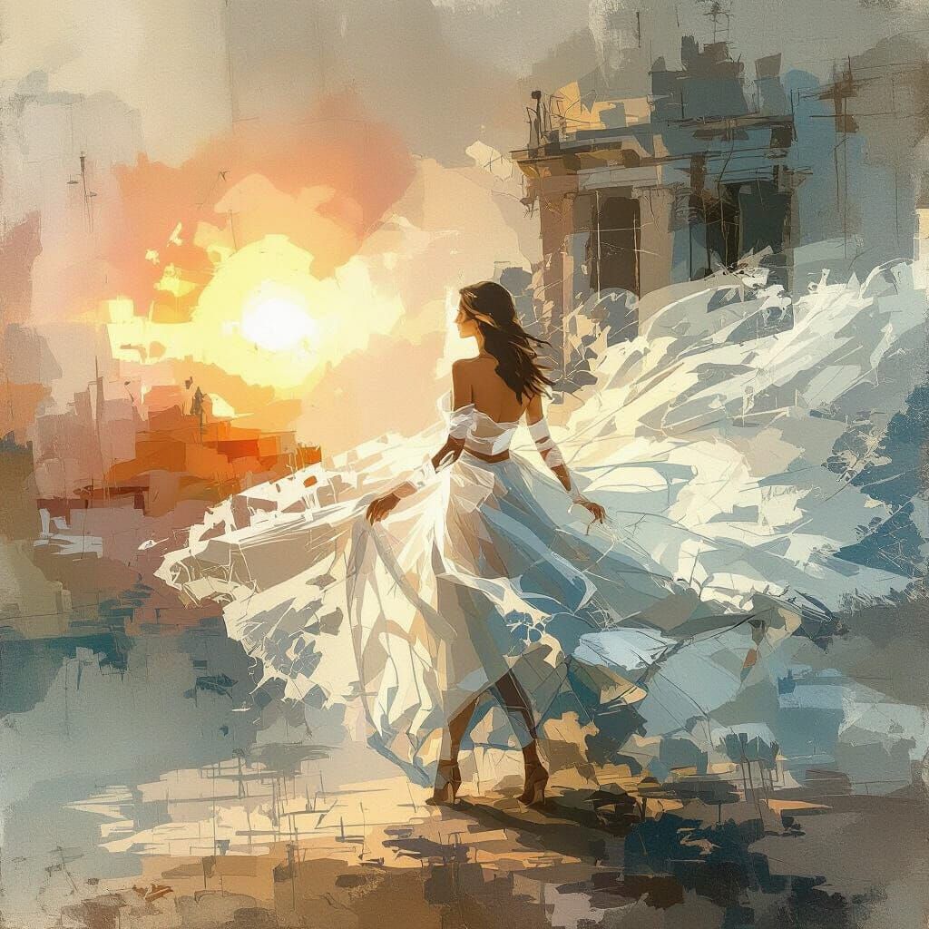 Elegant Woman in White Skirt, Surreal Style