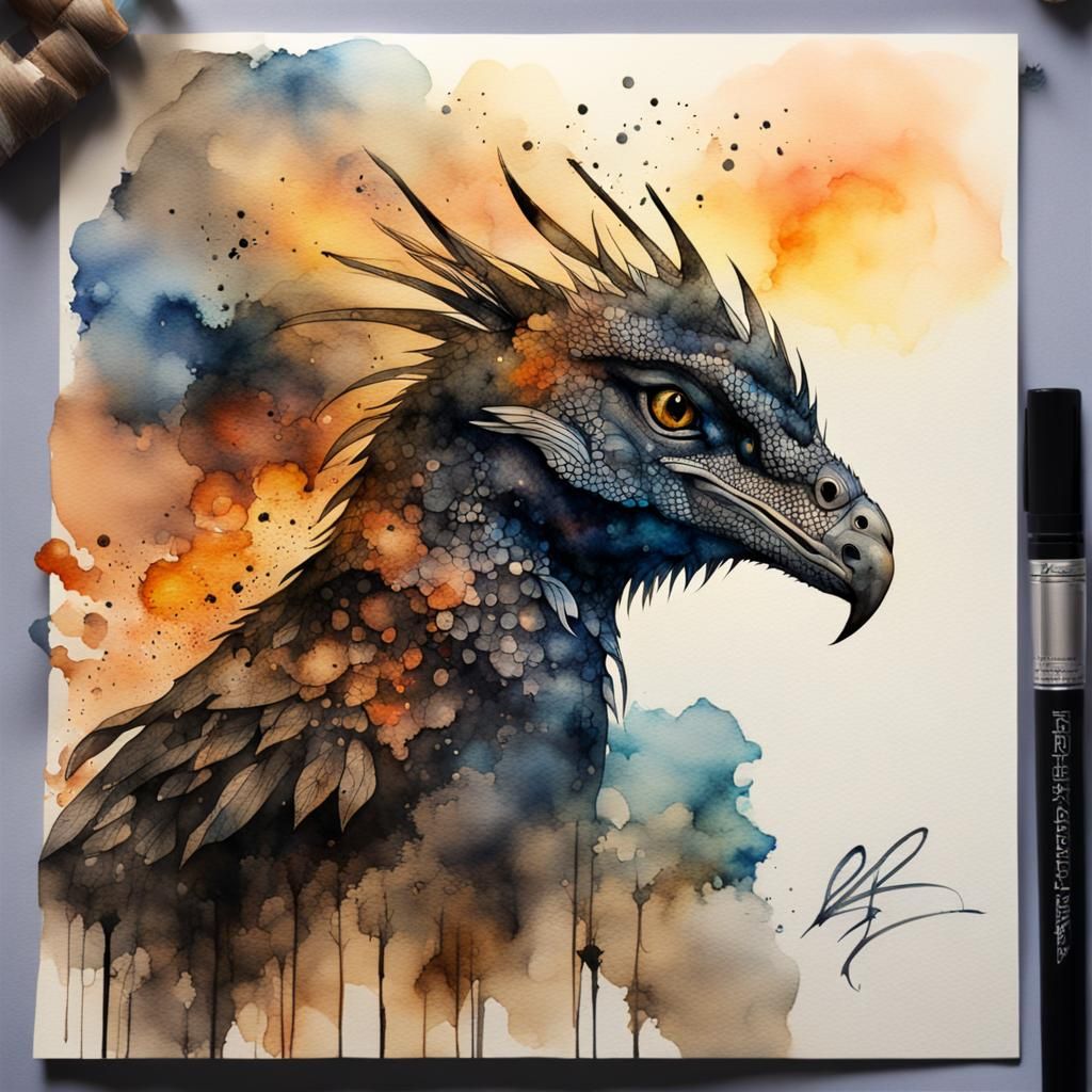 Bird Dragon Double Exposure in Watercolour Ink