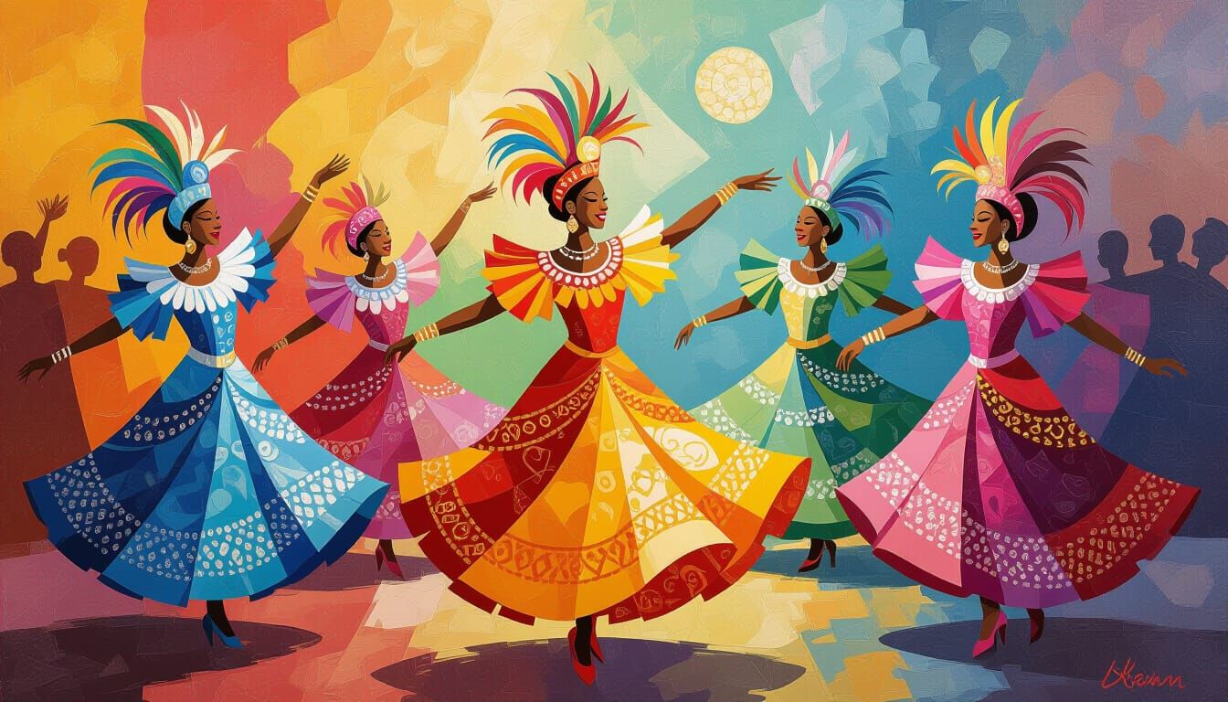 Vibrant Carnaval Performers Dance in Colorful Abstraction