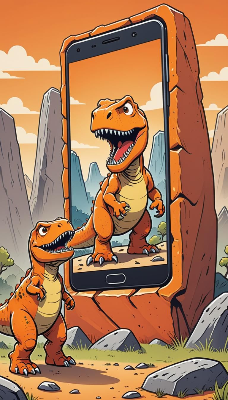 Cartoon T-Rex Video Chat on Giant Smartphone