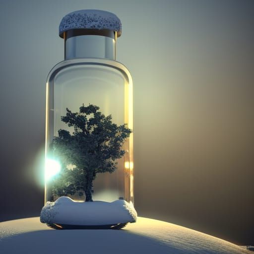 Snowy Tree in Glass Bottle: Photorealistic Concept Art