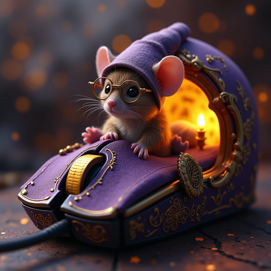 Whimsical Mouse in Cyberpunk Computer Mouse Lair