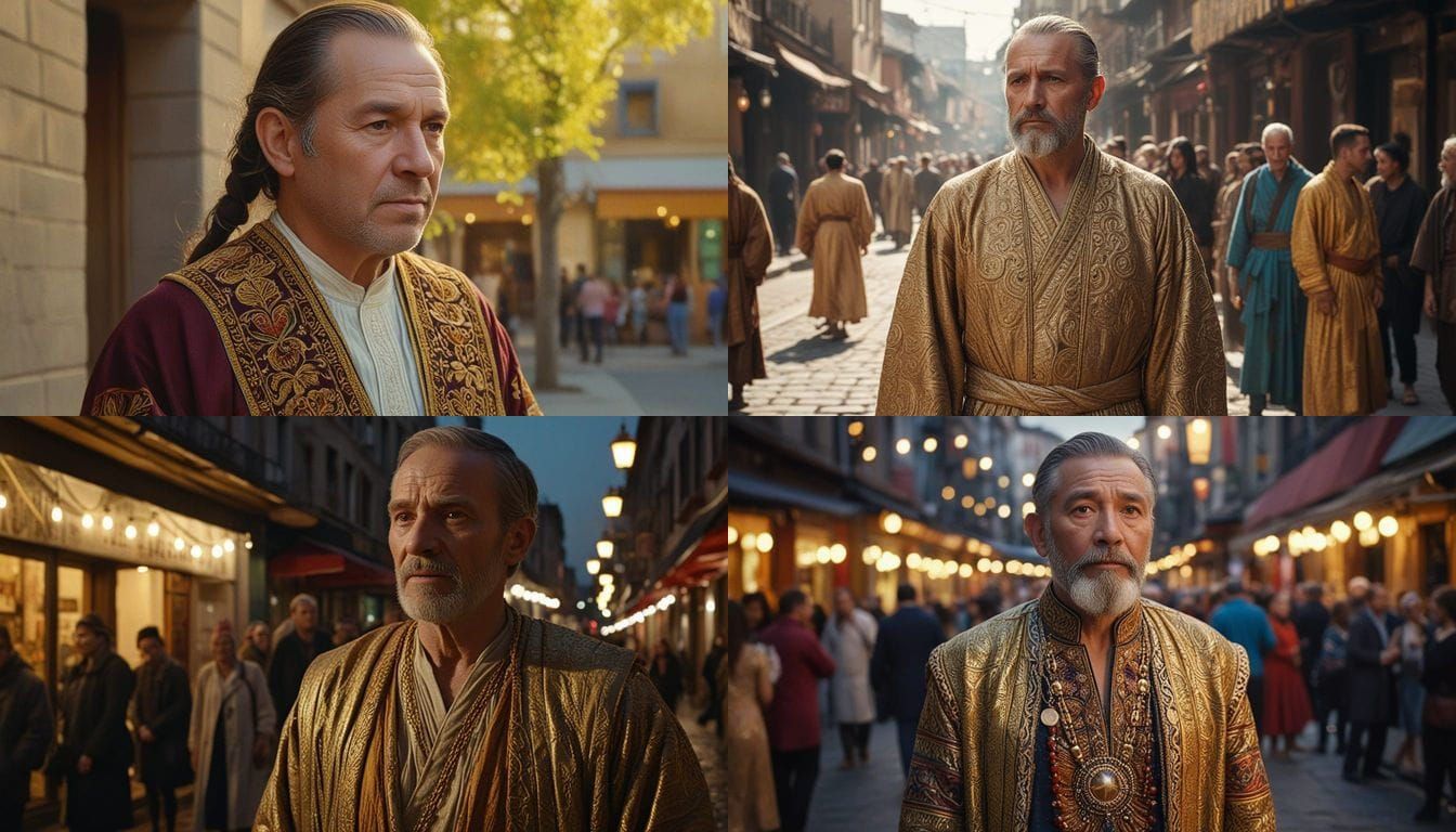 Man in Ancient Dress Amidst Modern City Crowd