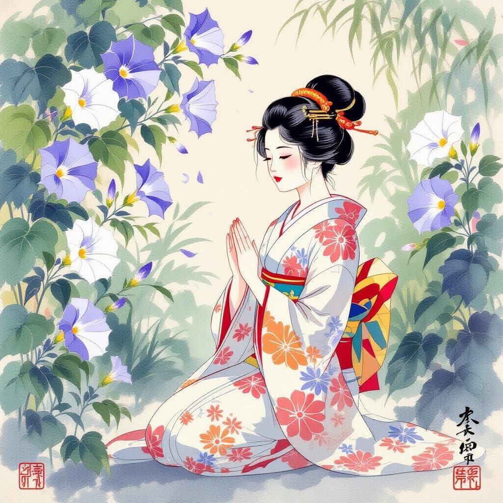 Serene Woman in Japanese Garden, Ukiyo-e Style