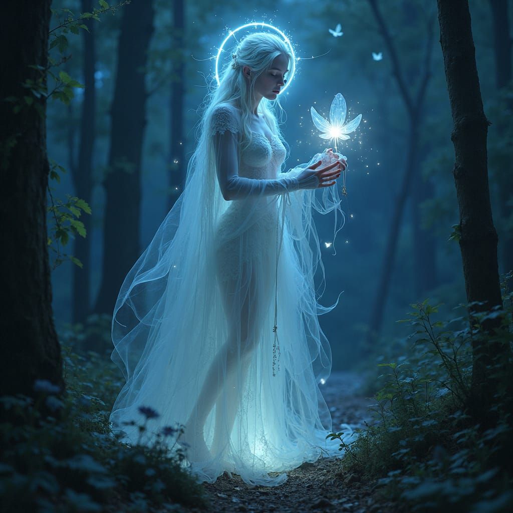 Ethereal Figure Enveloped in Divine Blooms in a Bioluminesce...