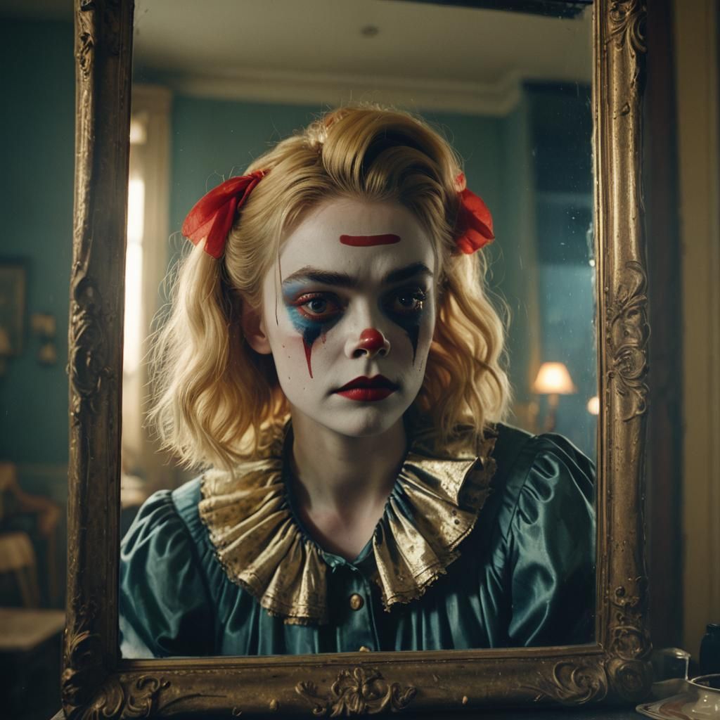 Clown with Expressionist Makeup Stares into Antique Mirror