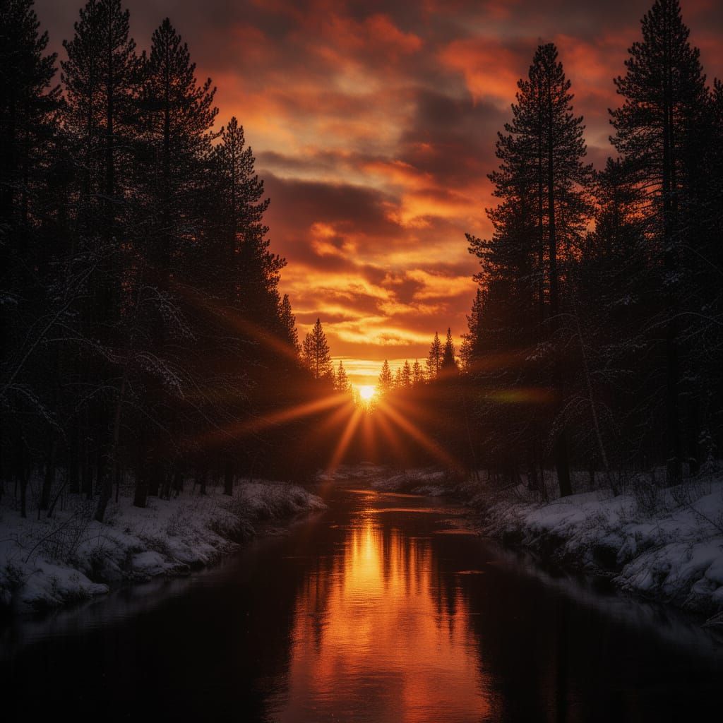 Dramatic Winter Forest Sunset Landscape Photography