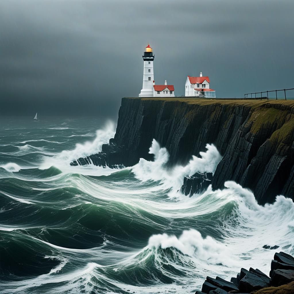 Stormy Coastal Scene with Lighthouse, Oil Painting