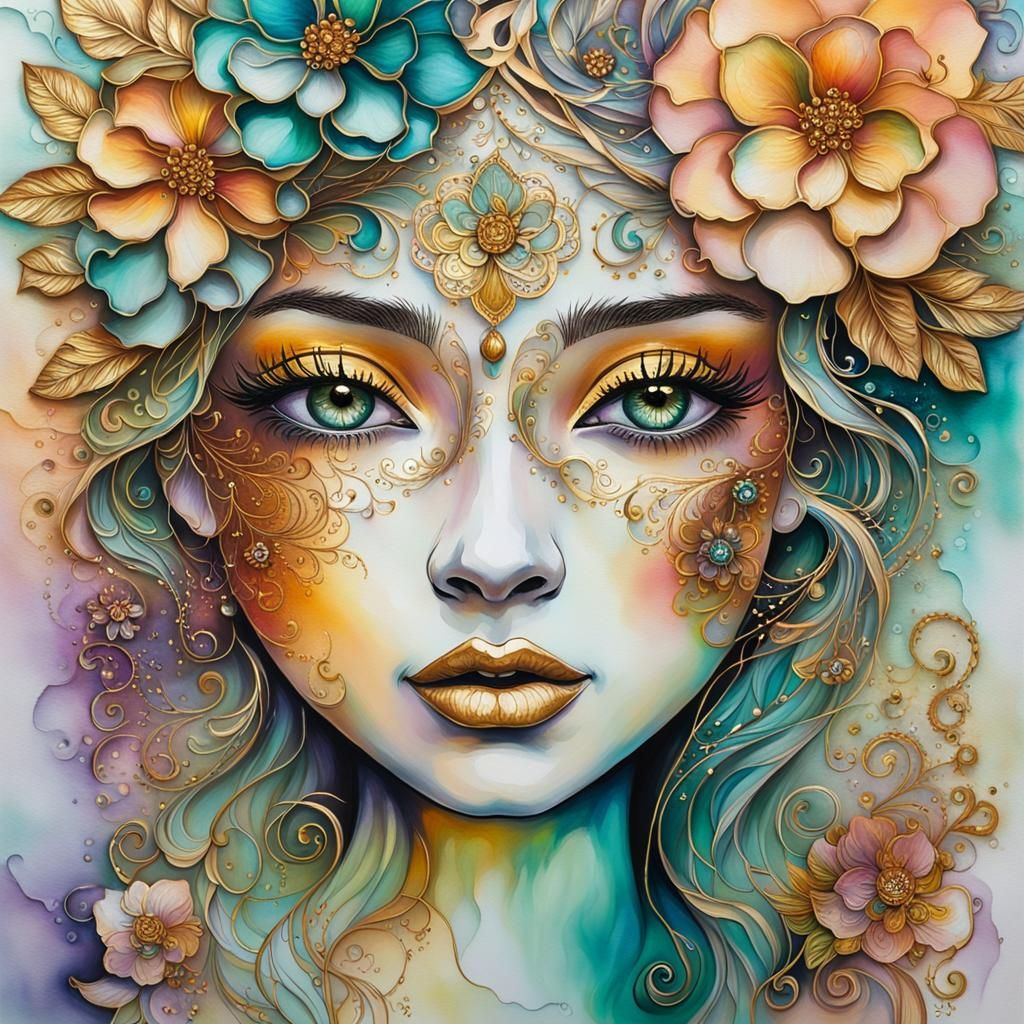 Macro Image: Girl's Face in Acrylic Paint and Inks