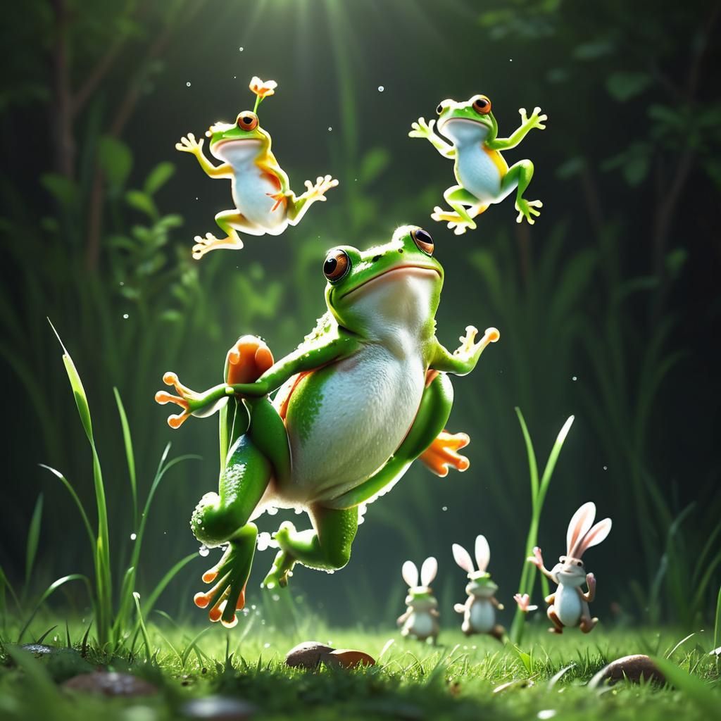 Frogs and Rabbits Hopping in Sunny Meadow