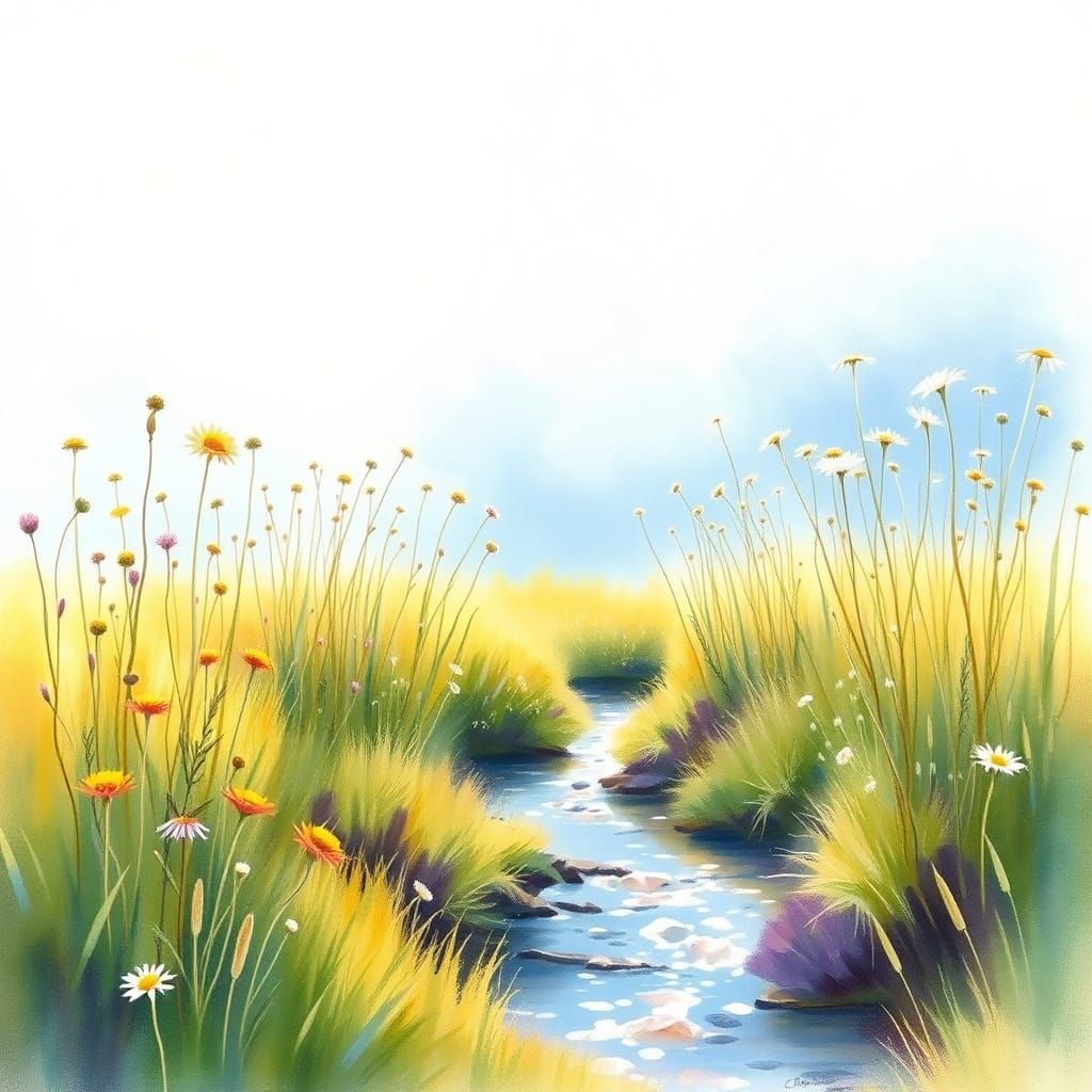 Sun-Drenched Meadow with Tall Wildflowers and Stream