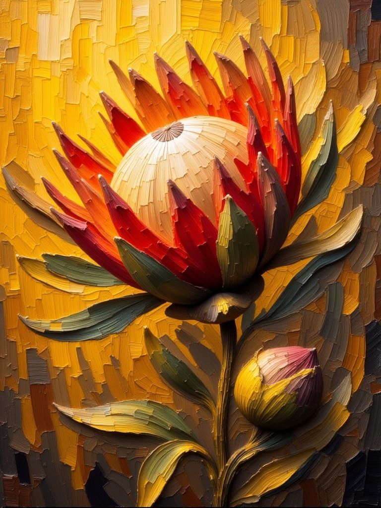 Protea Flower Close-Up in Old Painting Style