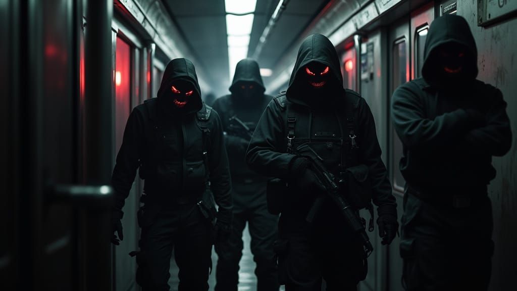 Masked Figures Board Train in Ominous, Gritty Anime Style
