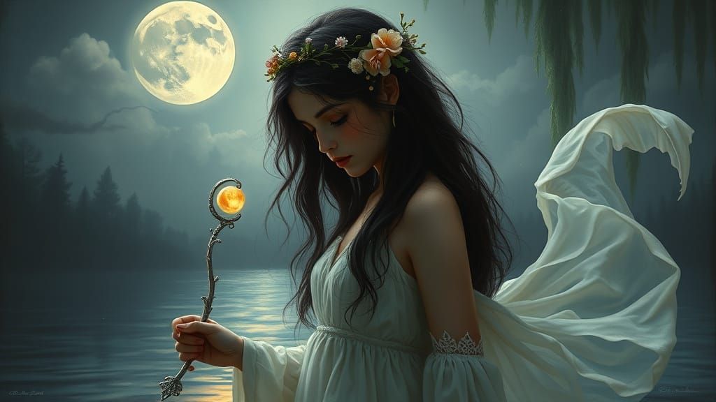 Dreamlike Portrait of a Serene Young Woman in a Lunar Landsc...