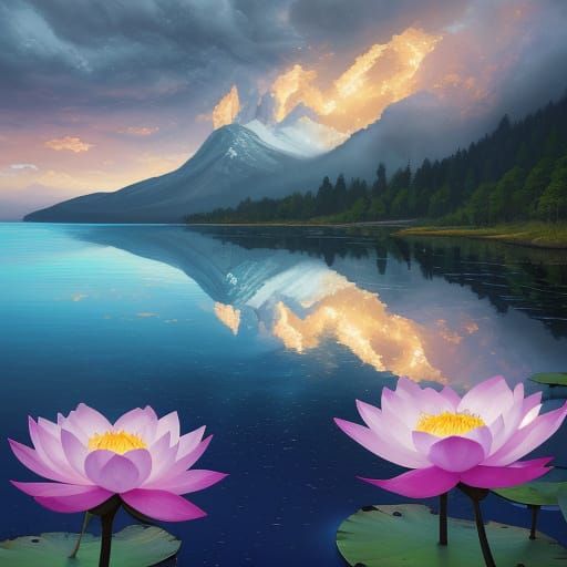 Vibrant Lotus Blooms in Impasto Acrylic Style