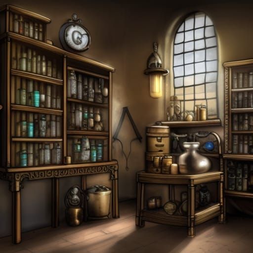 Steampunk Apothecary Interior with Mechanical Details