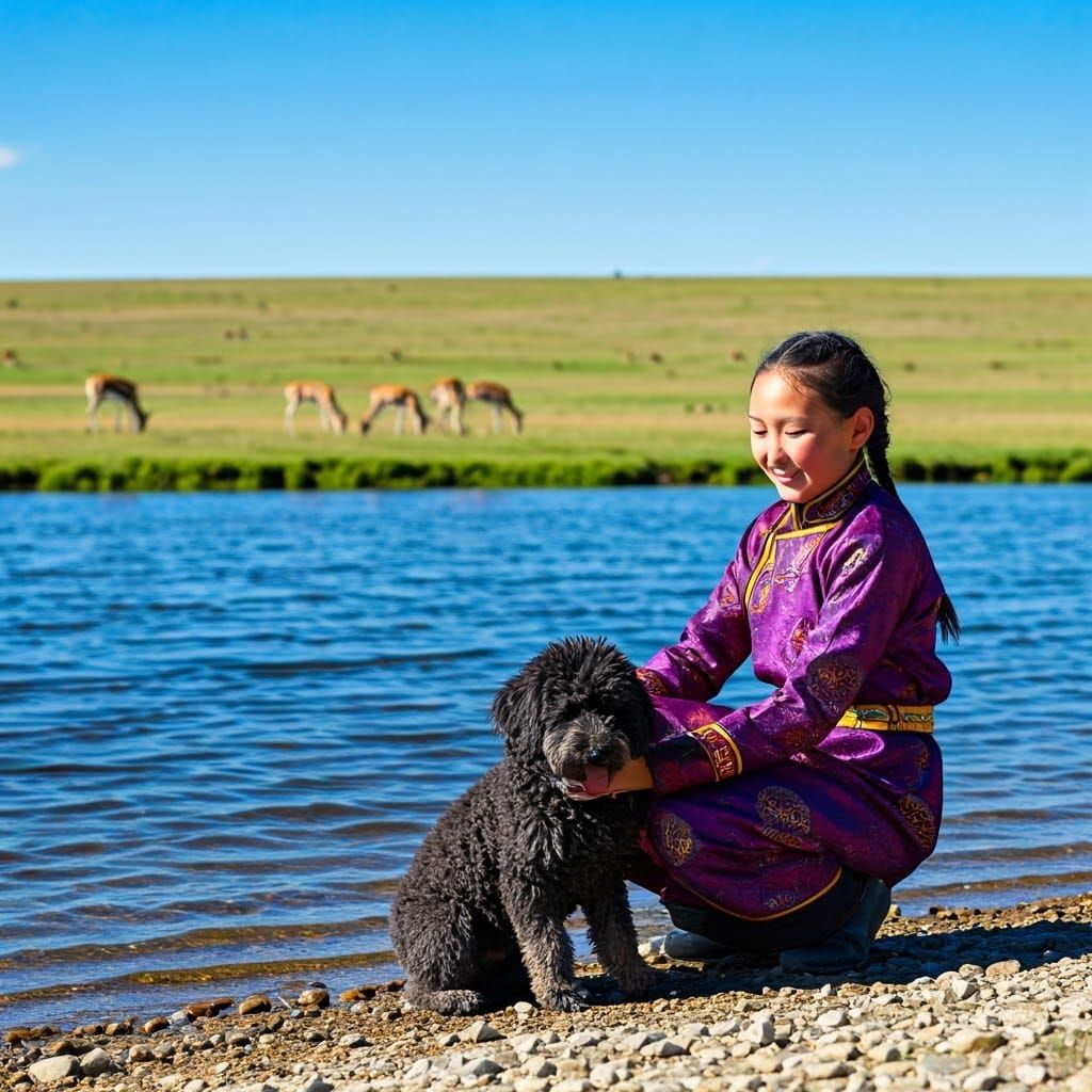 Mongolian Girl with Poodle in Folk Art Style