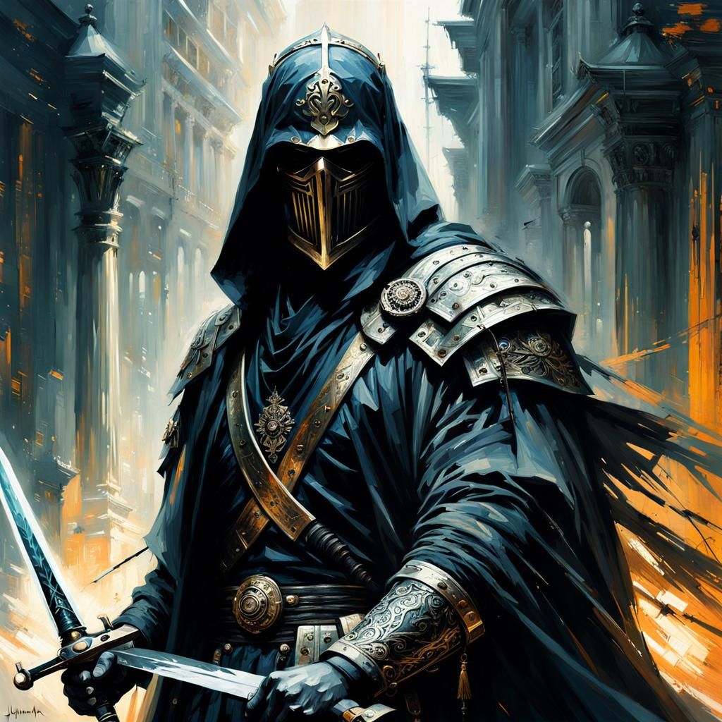 Sinister Historical Portrait with Sword, Bold Brushstrokes