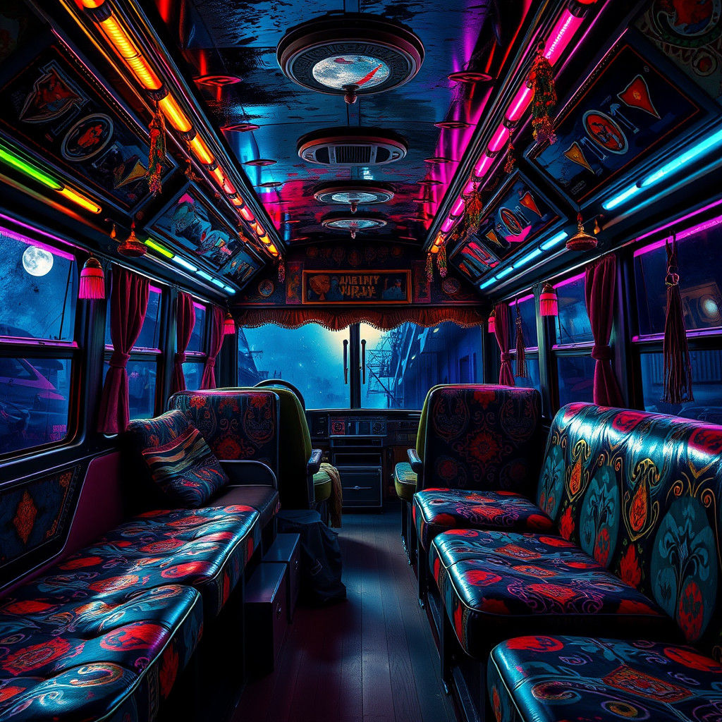 Vibrant Pakistani Truck Art Interior Under Starry Night