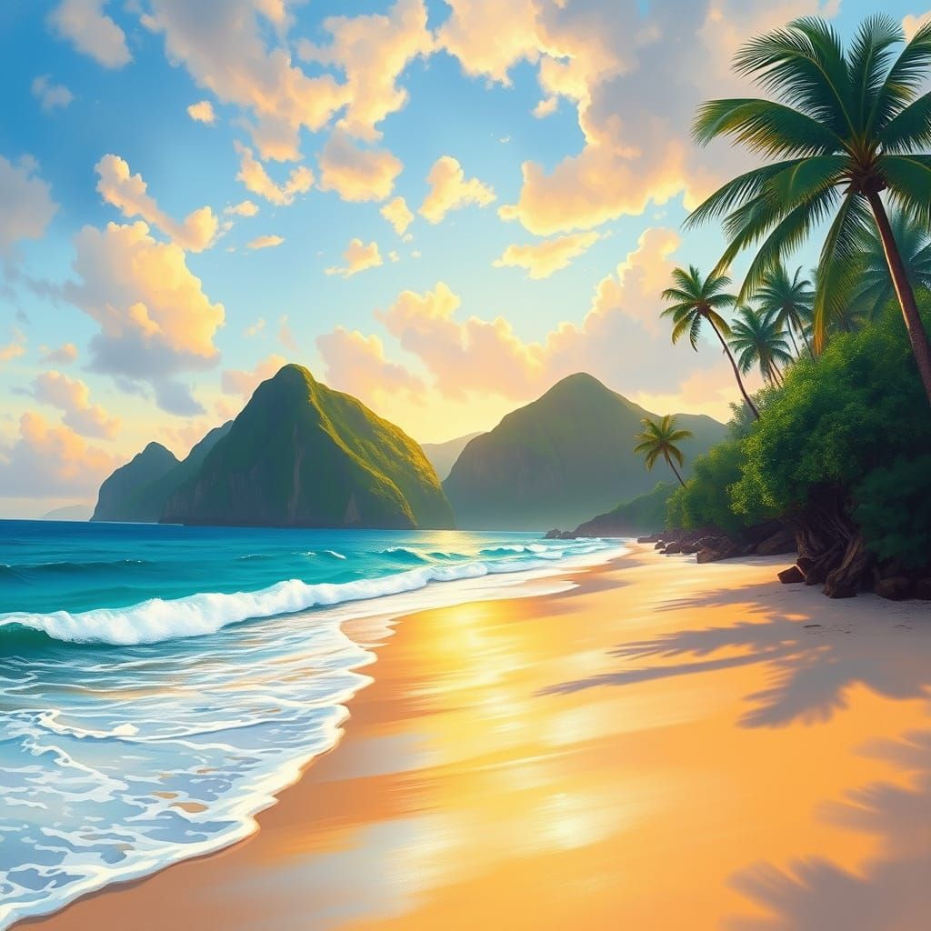 Sunrise Beach Scene with Turquoise Water and Golden Sand