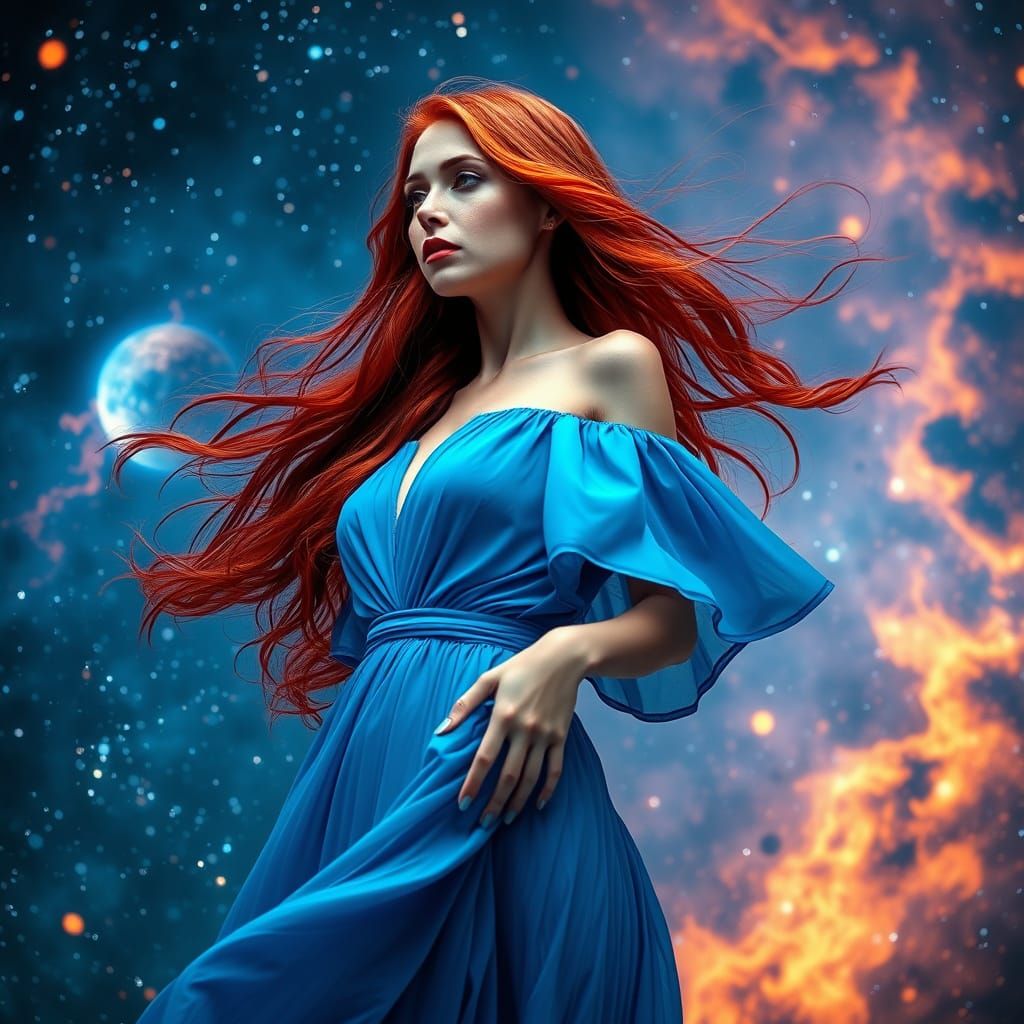 Woman in Blue Dress with Red Hair in Cosmic Setting