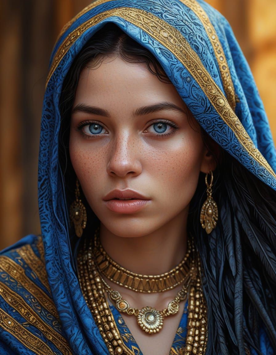 Freckled Girl in African Outfit: Digital Oil Painting